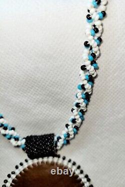 Vintage Native American Handmade Beaded/Leather Necklace/Turquois Black & White