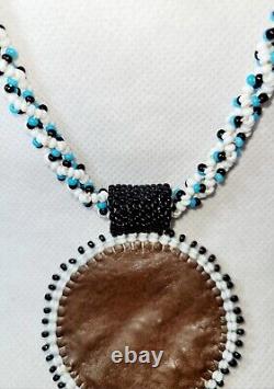 Vintage Native American Handmade Beaded/Leather Necklace/Turquois Black & White