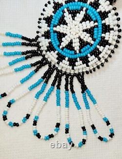 Vintage Native American Handmade Beaded/Leather Necklace/Turquois Black & White