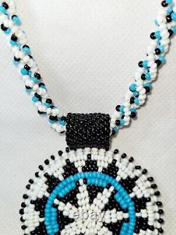 Vintage Native American Handmade Beaded/Leather Necklace/Turquois Black & White