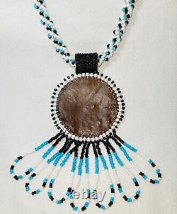 Vintage Native American Handmade Beaded/Leather Necklace/Turquois Black & White