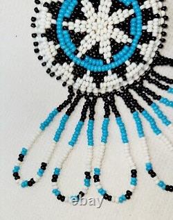 Vintage Native American Handmade Beaded/Leather Necklace/Turquois Black & White