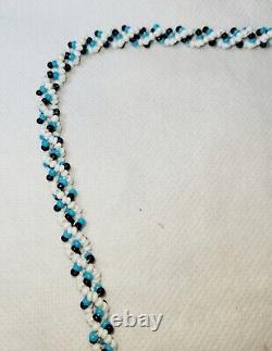 Vintage Native American Handmade Beaded/Leather Necklace/Turquois Black & White