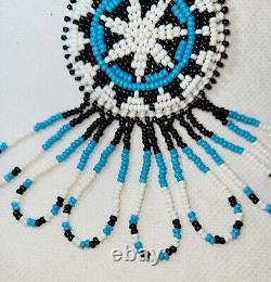 Vintage Native American Handmade Beaded/Leather Necklace/Turquois Black & White