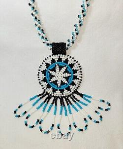 Vintage Native American Handmade Beaded/Leather Necklace/Turquois Black & White