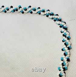 Vintage Native American Handmade Beaded/Leather Necklace/Turquois Black & White