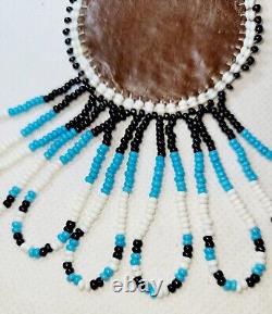 Vintage Native American Handmade Beaded/Leather Necklace/Turquois Black & White