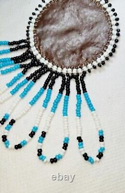 Vintage Native American Handmade Beaded/Leather Necklace/Turquois Black & White