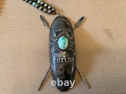 Vintage Native American Huge Silver pendant Moon Child /silver Bead necklace