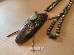 Vintage Native American Huge Silver pendant Moon Child /silver Bead necklace