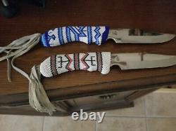 Vintage Native American Indian Beaded Knives With White Leather End Pieces