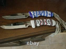 Vintage Native American Indian Beaded Knives With White Leather End Pieces