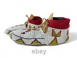 Vintage Native American Indian Cree Multicolor Beaded Hide Moccasins