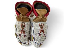 Vintage Native American Indian Cree Multicolor Beaded Hide Moccasins