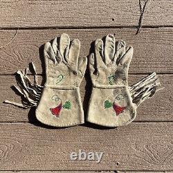 Vintage Native American Indian Leather Beaded Gauntlets Gloves withFringe Women