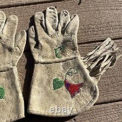 Vintage Native American Indian Leather Beaded Gauntlets Gloves withFringe Women