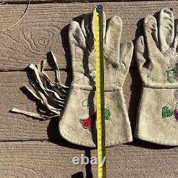 Vintage Native American Indian Leather Beaded Gauntlets Gloves withFringe Women