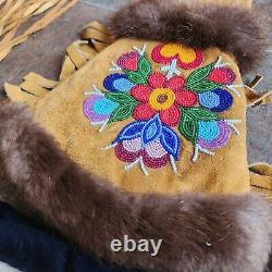 Vintage Native American Leather Beaded Moccasins, Mitts & Pouch Boots Suede