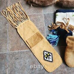 Vintage Native American Leather Beaded Moccasins, Mitts & Pouch Boots Suede