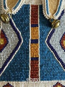 Vintage Native American Made Beaded Pouch -Signed 5.25 X 8.5 Plus Fringe