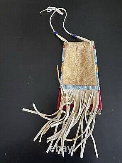 Vintage Native American Made Beaded Pouch -Signed 5.25 X 8.5 Plus Fringe