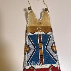 Vintage Native American Made Beaded Pouch -Signed 5.25 X 8.5 Plus Fringe