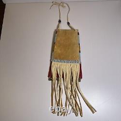 Vintage Native American Made Beaded Pouch -Signed 5.25 X 8.5 Plus Fringe