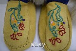Vintage Native American Moccasins Boots Floral Beaded Eskimo Pattern With Fur
