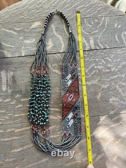 Vintage Native American Navajo Hand Beaded Gray Necklace With Turquoise Stones