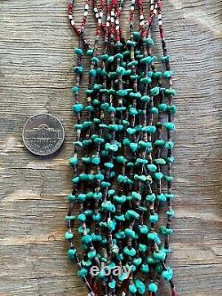 Vintage Native American Navajo Hand Beaded Gray Necklace With Turquoise Stones