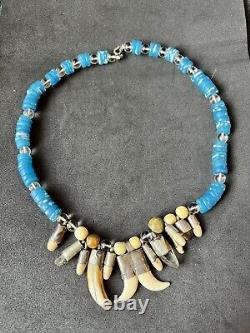 Vintage Native American Navajo Tribal Blue Trade Bead Tooth Claw Necklace