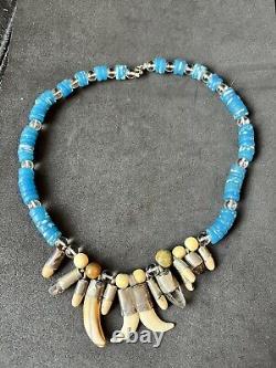 Vintage Native American Navajo Tribal Blue Trade Bead Tooth Claw Necklace