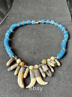 Vintage Native American Navajo Tribal Blue Trade Bead Tooth Claw Necklace