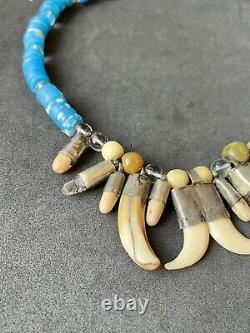 Vintage Native American Navajo Tribal Blue Trade Bead Tooth Claw Necklace