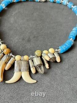 Vintage Native American Navajo Tribal Blue Trade Bead Tooth Claw Necklace