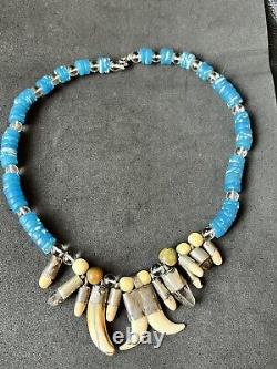 Vintage Native American Navajo Tribal Blue Trade Bead Tooth Claw Necklace