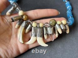 Vintage Native American Navajo Tribal Blue Trade Bead Tooth Claw Necklace