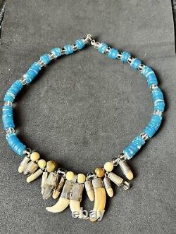 Vintage Native American Navajo Tribal Blue Trade Bead Tooth Claw Necklace