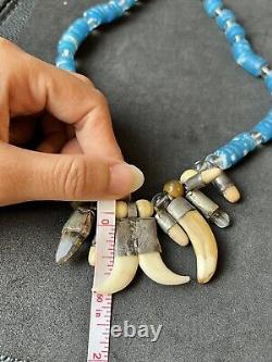 Vintage Native American Navajo Tribal Blue Trade Bead Tooth Claw Necklace