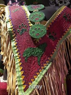 Vintage Native American Regalia Beaded Powwow Wolf Outfit With Buckskin Fringes