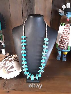 Vintage Native American SS Large Turquoise Nuggets Heishi Necklace 13 130Grams