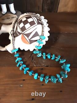 Vintage Native American SS Large Turquoise Nuggets Heishi Necklace 13 130Grams