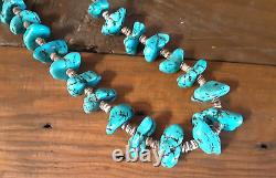 Vintage Native American SS Large Turquoise Nuggets Heishi Necklace 13 130Grams