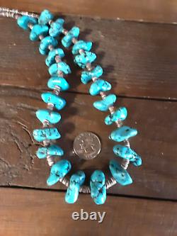 Vintage Native American SS Large Turquoise Nuggets Heishi Necklace 13 130Grams