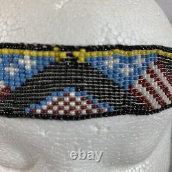 Vintage Native American Seed Beaded Head Band Bluebirds Flag