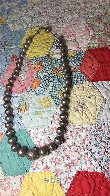 Vintage Native American Silver Bead Necklace Handmade Bench Beads Navajo Huala
