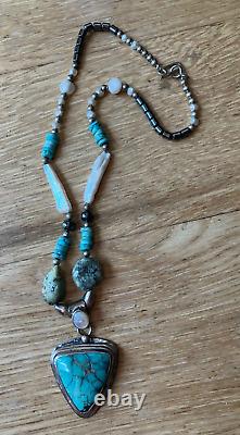 Vintage Native American Sterling Silver Turquoise Beaded Pendant Necklace