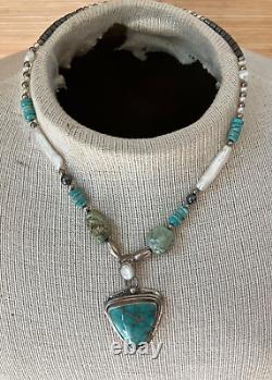 Vintage Native American Sterling Silver Turquoise Beaded Pendant Necklace