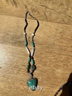 Vintage Native American Sterling Silver Turquoise Beaded Pendant Necklace