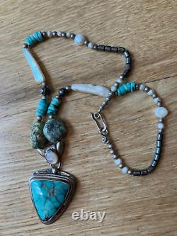 Vintage Native American Sterling Silver Turquoise Beaded Pendant Necklace